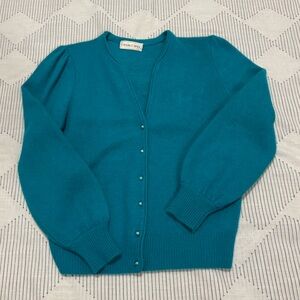 80s VTG Casual Corner Teal Button-Up Lambs Wool & Angora Rabbit Hair Cardigan
